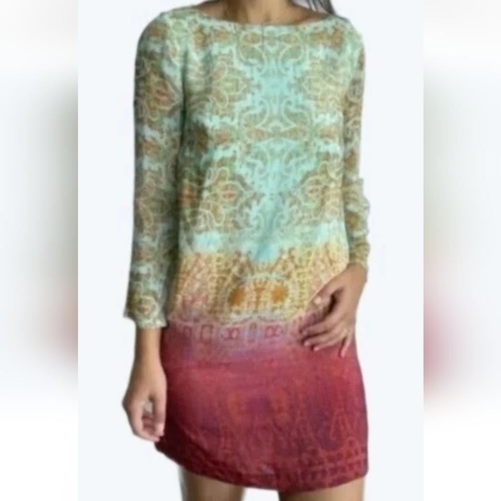 MAEVE ANTHROPOLOGIE 100% Silk Dress Size XS Boho Artsy Ombre Dramatic Damask
